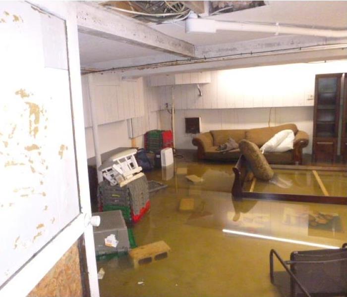 Shows flooding in a basement